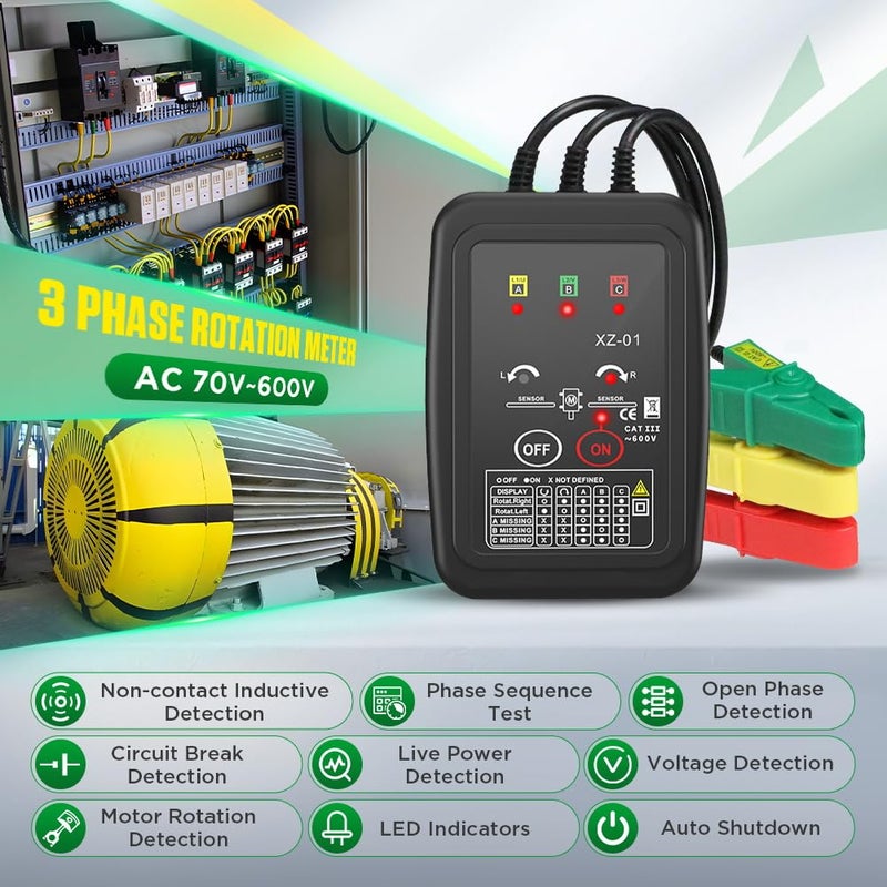 KAISAL Phase Rotation Meter Non-contact 3 Phase Rotation Meter AC 70~600V Phase Sequence Rotation Tester High Magnetic Induction Motor Rotation Meter Auto Power Off Phase Meter with LED,20"Clamp Lead,Handbag - Image 2